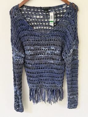 International Concept Inc Denim Blues Crochet Top Blue Fringe Womens Large New